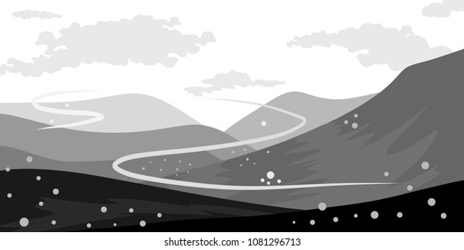 Black And White Fantasy Lanscape With Mountains, Sky And Clouds Vector Illustration