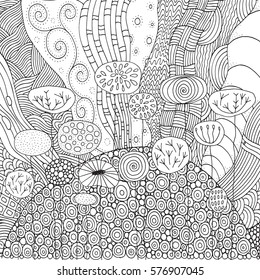 Black and white fantasy picture with flowers. Pattern for adult Coloring book. Sunlight. Eco theme. Hand-drawn, ethnic, doodle, vector, zentangle.