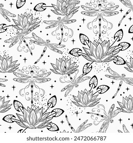 Black and white fantasy seamless pattern with lotus flower, flying fantasy dragonflies, dragonfly pixie, faerie, stars. Mysterious, fairytale concept. White background. Vintage style.