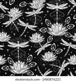 Black and white fantasy seamless pattern with lotus flower, flying fantasy dragonflies, dragonfly pixie, faerie, stars. Mysterious, fairytale concept. Black background. Vintage style.