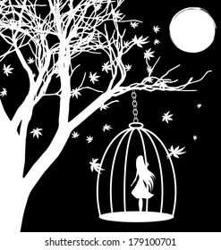 black and white fantasy: a tree, the moon and a girl in a cage