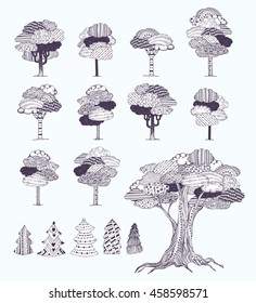 Black - white fantasy trees with clouds in leaves. Eco theme for adult coloring book page. Hand drawn vector illustration, ethnic doodle zentangle, tribal decorations, separated edited elements.