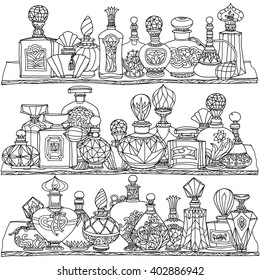 Schwarz-Weiß Fantasy Vintage Parfums. Muster für das Erwachsenenfarbbuch in zenart oder zentagle style. Handgezeichnet, Retro, Doodle, Vektorgrafik, zentangle, Stamm-Design-Farbbuchelemente. Zentangle.