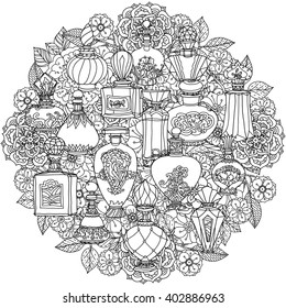 Black and white fantasy vintage perfumes. Pattern for adult coloring book in zenart or zentagle style. Hand-drawn, retro, doodle, vector, zentangle, tribal design colouring book elements.  Zentangle.