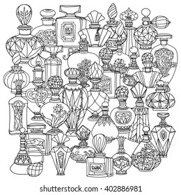 Black and white fantasy vintage perfumes. Pattern for adult coloring book in zenart or zentagle style. Hand-drawn, retro, doodle, vector, zentangle, tribal design colouring book elements.  Zentangle.