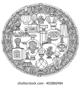 Black and white fantasy vintage perfumes. Pattern for adult coloring book in zenart or zentagle style. Hand-drawn, retro, doodle, vector, zentangle, tribal design colouring book elements.  Zentangle.