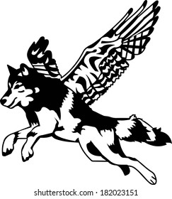Black and White Fantasy Wolf Dog with Wings Vector