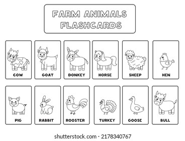 Black And White Farm Animal Flashcards For Kids. Vector Illustrations Of Cute Farm Animals With Names.