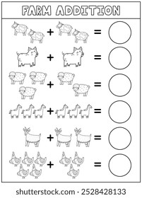 Black and white farm animals addition worksheet for kids. Math activity page in outline with cute farm characters. Calculate and write the result sheet for school and preschool. Vector illustration