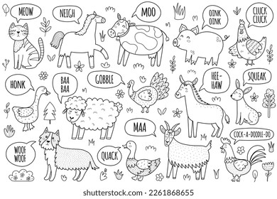 Black and white farm animals saying sounds like moo, oink, baa, cluck and others. How do they say coloring page with farm characters. Cow, pig, horse, sheep making sounds set. Vector illustration