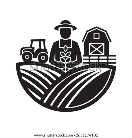 Black and white farm icon featuring a farmer tractor barn and wheat field