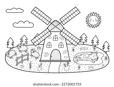 Black and white farm landscape in cartoon style with windmill, pig and sheep. Sunny meadow coloring page. Outdoor garden background. Vector illustration