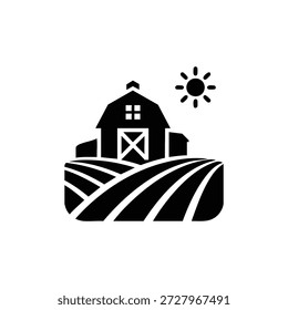 Vetor de paisagem de fazenda preto e branco com sol do celeiro e campos cultivados