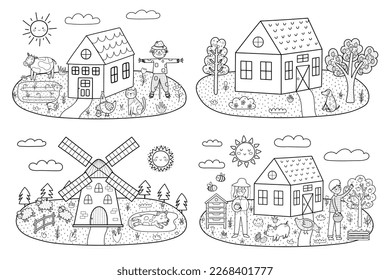 Black and white farm landscapes set in cartoon style with farmhouses, animals and trees. Summer green meadow prints collection for coloring book. Outdoor garden background. Vector illustration