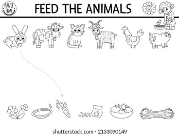 Black and white farm matching activity with animals, food. Country puzzle with rabbit, cow, hen, goat, pig. Match the objects game. Feed the animals printable coloring page. On the farm match up
