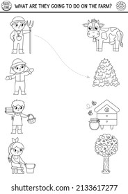 Black and white farm matching activity with cute farmers, chores. Country puzzle with cow, hay, beekeeper, dairymaid. Match the objects coloring game. On the farm match up line page
