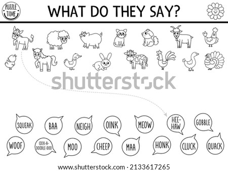 Black and white farm matching activity with cute animals and animal sounds. Country line puzzle with rabbit, cow, cat, hen, pig. What do they say printable coloring worksheet. On the farm match up
