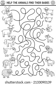 Black and white farm maze for kids with animals and babies. Country side line preschool printable activity with cute goat, pig, cow. Mothers day labyrinth coloring game with family love concept
