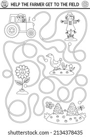 Black And White Farm Maze For Kids With Cute Tractor, Scarecrow, Sunflower. Country Side Line Preschool Printable Activity. Labyrinth Coloring Game Or Puzzle. Help The Farmer Get To The Field
