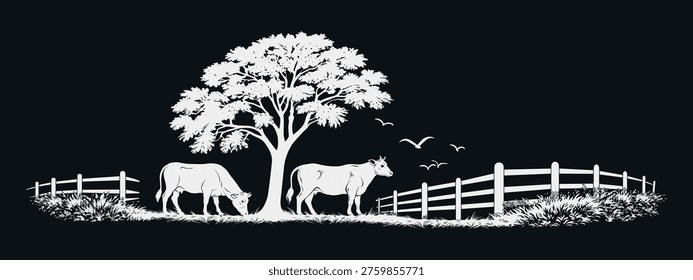 Black white farm scene cows tree fences vector