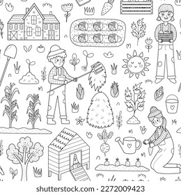 Black and white farm seamless pattern with cute characters. Kids harvesting and making gardening work. Countryside background for coloring page. Vector illustration