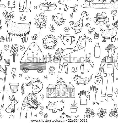 Black and white farm seamless pattern with cute animals. Countryside background in cartoon style for coloring page or fabric and textile. Colorful wallpaper for kids. Vector illustration