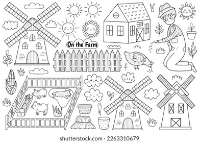 Black and white farm set with cute animals and kids farmers. Coloring page with countryside life elements in cartoon style. Boy feeding a hen, pigs in pigsty and other. Vector illustration