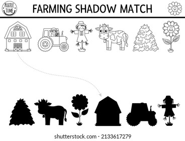 Black and white farm shadow matching activity with traditional country symbols. Rural village line puzzle with cow, barn, farmer. Find correct silhouette printable coloring game. On the farm page