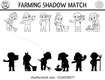 Black and white farm shadow matching activity with cute kid farmers. Country line village puzzle with beekeeper, dairymaid. Find correct silhouette printable coloring game. On the farm page
