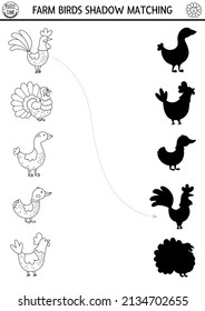 Sombras de granjas blancas y negras a juego con las aves. Rompecabezas de la línea del pueblo con gallina, gallo, ganso, pavo. Encuentra el juego de colorear imprimible de silueta correcto. En la página de la granja para niños
