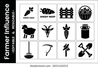 Black And White Farmer Icon Set Featuring Tools Animals And Produce For Microstock Use