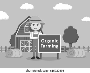 black and white farmer woman standing beside organic farming board black and white style
