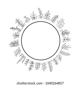 black and white farmhouse style hand drawn outlined branches and twigs circle round frame border 