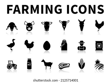 Black and white Farming Icon Set of Sheep, Pig, Cow, Goat, Horse, Rooster, Goose, Chicken, Egg, Milk, Farmer, Concentrate, Tractor, Bottle, Animal, Meat, Forage and Farm Icons with Reflection