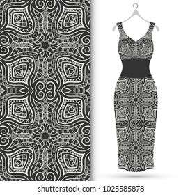 Black and white fashion art collection, vector illustration. Women's dress model on a hanger and seamless pattern for textile fabric, paper print, invitation or business card design. Isolated elements