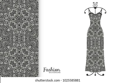 Black and white fashion art collection, vector illustration. Women's dress model on a hanger and seamless pattern for textile fabric, paper print, invitation or business card design. Isolated elements