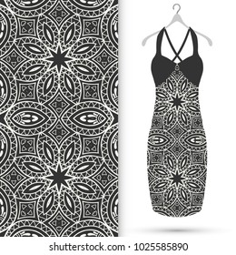 Black and white fashion art collection, vector illustration. Women's dress model on a hanger and seamless pattern for textile fabric, paper print, invitation or business card design. Isolated elements