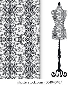 Black and white fashion illustration, hand drawn seamless floral and geometric pattern. Vector vintage tailor's dummy for female body, isolated elements for invitation card design, fabric texture