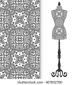 Black and white fashion illustration, vintage tailor's dummy for female body, hand drawn doodle sketch seamless pattern, isolated elements for invitation card design, repeating texture