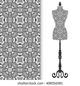 Black and white fashion illustration, vintage tailor's dummy for female body, hand drawn doodle sketch seamless pattern, isolated elements for invitation card design, repeating texture