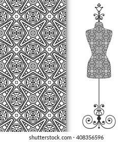 Black and white fashion illustration, vintage tailor's dummy for female body, hand drawn doodle sketch seamless pattern, isolated elements for invitation card design, repeating texture