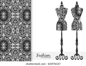 Black and white fashion illustration, vintage tailor's dummy for female body, seamless floral lace pattern, repeating texture. Isolated element for fabric print, scrapbook, invitation cards design.