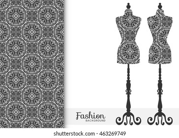 Black and white fashion illustration, vintage tailor's dummy for female body, seamless floral lace pattern, repeating texture. Isolated element for fabric print, scrapbook, invitation cards design.