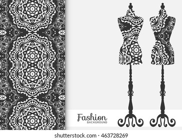 Black and white fashion illustration, vintage tailor's dummy for female body, seamless floral lace pattern, repeating texture. Isolated element for fabric print, scrapbook, invitation cards design.