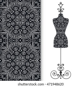 Black and white fashion illustration, vintage tailor's dummy for female body, seamless floral lace pattern, repeating texture. Isolated element for fabric print, scrapbook, invitation cards design.