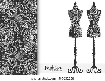 Black and white fashion illustration, vintage tailor's dummy for female body, seamless floral lace pattern, repeating texture. Isolated element for fabric print, scrapbook, invitation cards design.