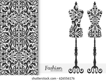 Black and white fashion illustration, vintage tailor's dummy for female body, seamless floral doodle pattern, repeating texture. Isolated element for fabric print, scrapbook, invitation cards design.
