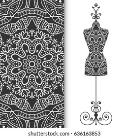 Black and white fashion illustration, vintage tailor's dummy for female body, seamless floral lace pattern, repeating texture. Isolated element for fabric print, scrapbook, invitation cards design.