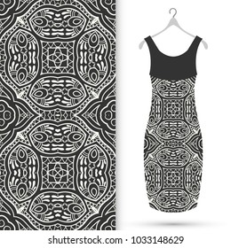 Black and white fashion illustration. Women's lace dress model on a hanger and monochrome seamless line pattern for textile fabric, paper print, invitation or business card design. Isolated elements