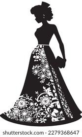 Black and white fashion model.Beautiful woman in evening dress. Black silhouette on white background.silhouette of a woman in evening dress on a white background